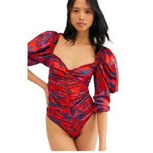 For Love & Lemons Rouge Puff Sleeve Floral Ruched Bodysuit NWT Size M